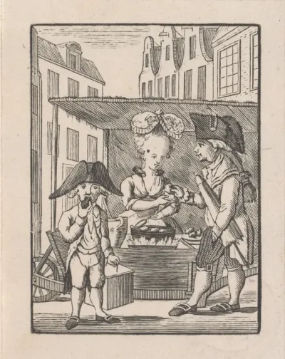 Straatverkoopster van oliebollen met twee klanten
