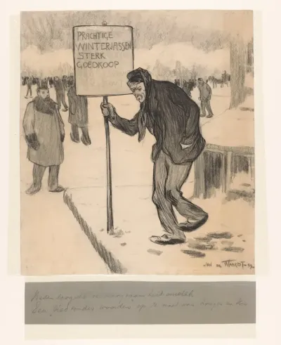 Straatverkoper met bord "Prachtige winterjassen sterk goedkoop"