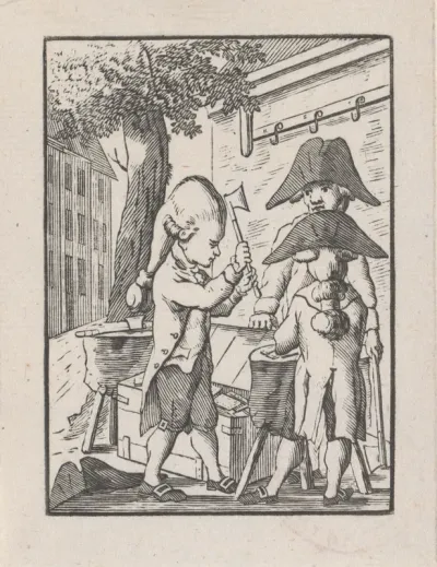 Straatverkoper van bijlen met twee klanten