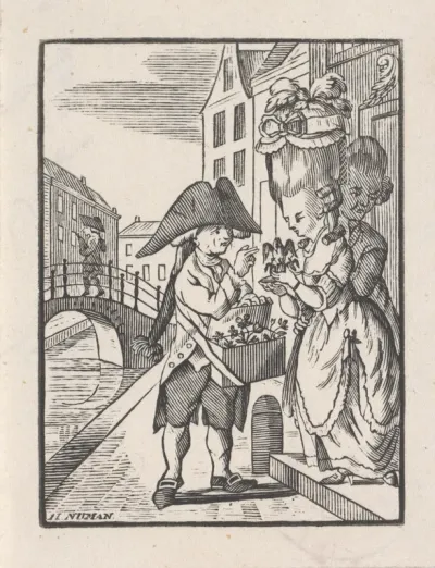 Straatverkoper van haardecoratie met twee klanten