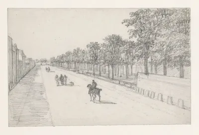 Straatweg met ruiters op de weg en rechts bomen
