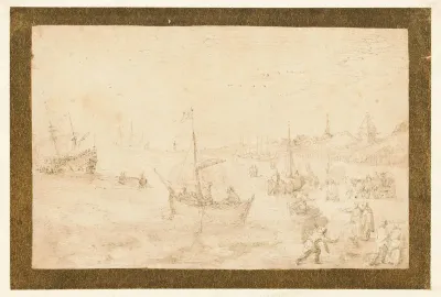 Strand bij Scheveningen met wagen, vissersschuit en mensen