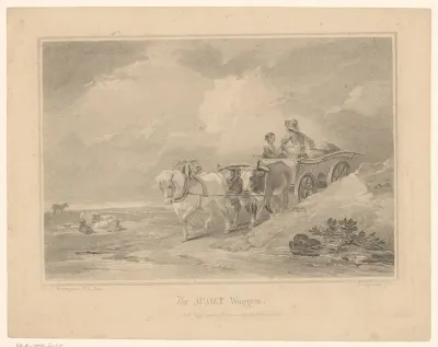 Strand met een wagen voortgetrokken door paard en ossen