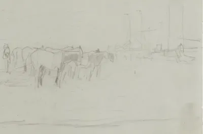 Strand met paarden en schuiten
