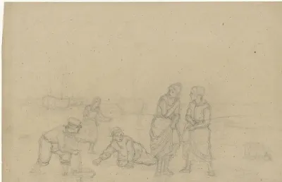 Strand met wadende vrouwen en spelende kinderen