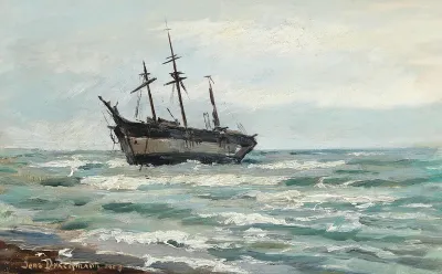Stranded ship near a coast.