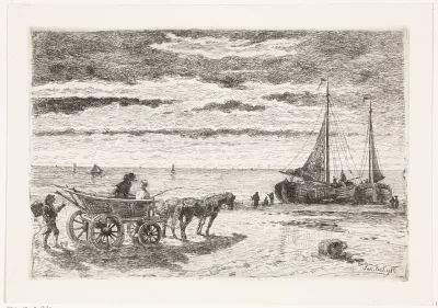 Strandgezicht met afgemeerde pinken