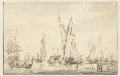 Strandgezicht met afgemeerde schepen
