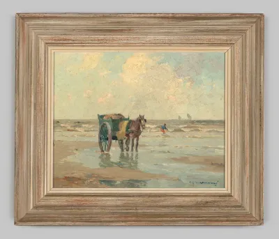 Strandgezicht met een schelpenvisser