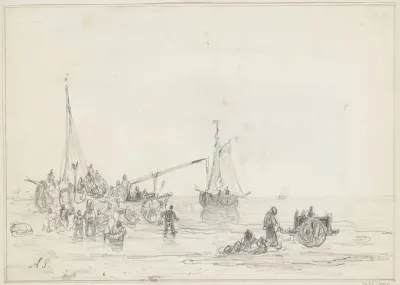 Strandgezicht met figuren bij een schip