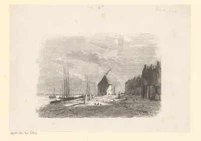 Strandgezicht met huizen aan het water en schepen