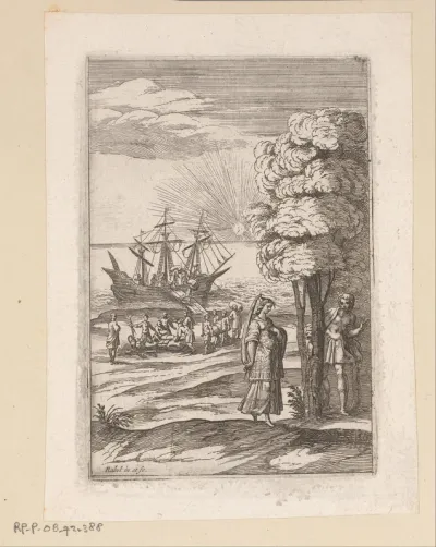 Strandgezicht met mannen die een schip uitladen