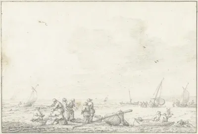 Strandgezicht met op de voorgrond een groep vissers