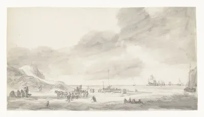 Strandgezicht met schelpenvissers en wandelaars