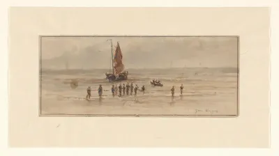 Strandgezicht met vissers en zeilschip