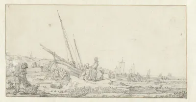 Strandgezicht met vissersschepen en groepen mensen