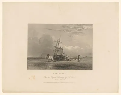 Strandgezicht met zeilschip en paardenwagen