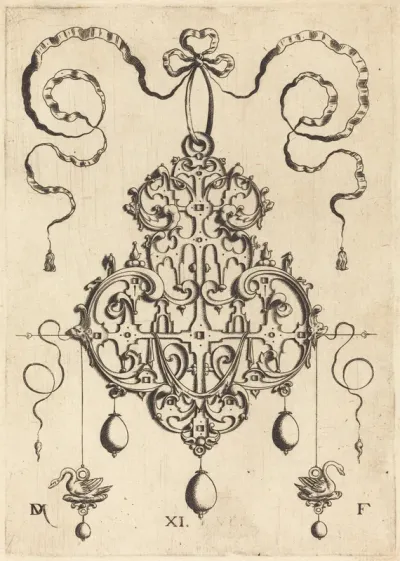 Strapwork Pendant with Two Swans as Earrings at Left and Right