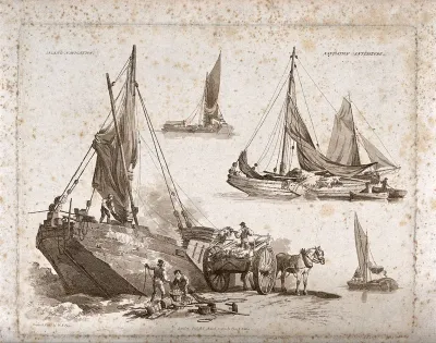 Straw from a cart being loaded onto a ship as other men work at baskets and nets on the ground, Aquatint with etching by W.H
