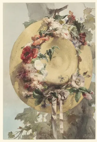 Straw Hat with Roses, Carnations, and Cornflowers