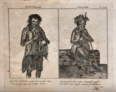 Street entertainers in Nottingham: James Burne, called Shelford Tommy, a ventriloquist (left) and Charley, a man playing a shawm (right)