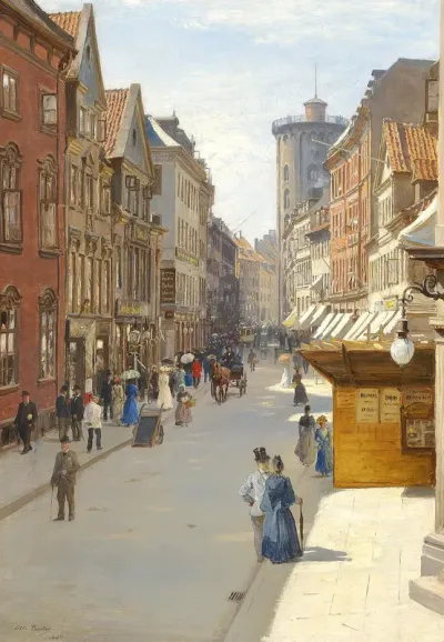 Street scene from Købmagergade in Copenhagen with Rundetårn protruding.