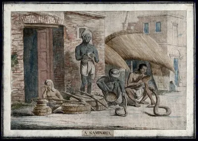 Street scene with snake charmers, Calcutta, West Bengal