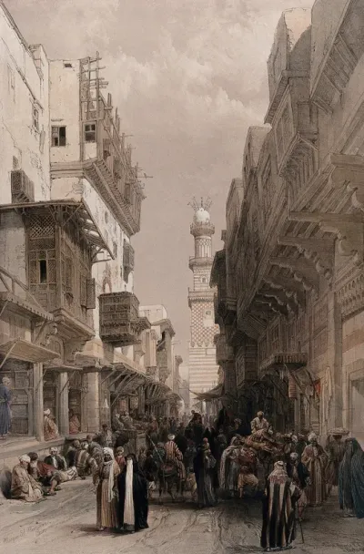 Street scene with the El Mooristan mosque, Cairo, Egypt