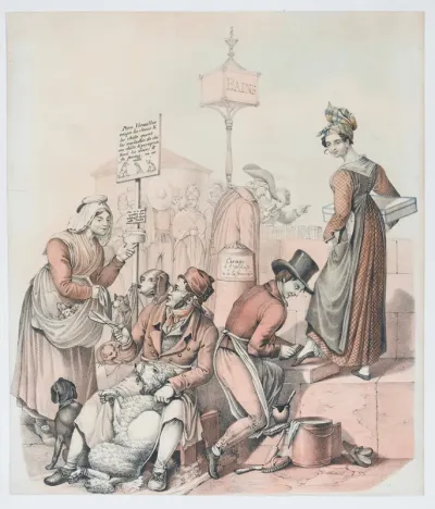 Street vendors on the Seine in Paris: a pet-groomer, a shoe shiner, and a bookstall