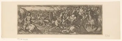Strijdende soldaten te paard bij een rivier