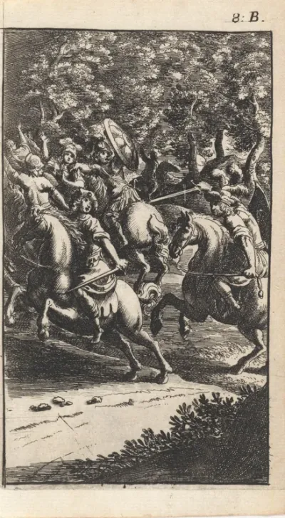 Strijdende soldaten te paard in een bos