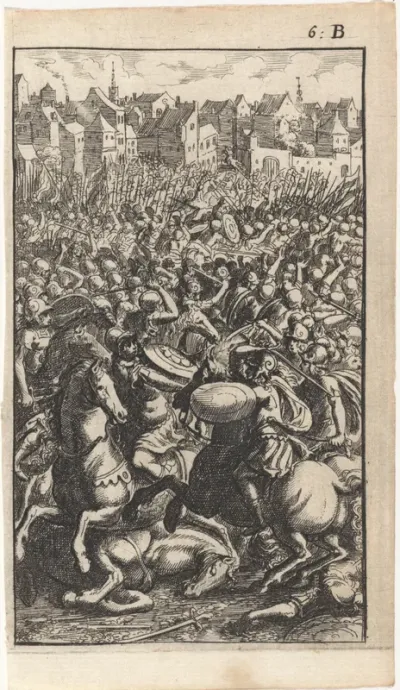 Strijdende soldaten te paard voor een stad