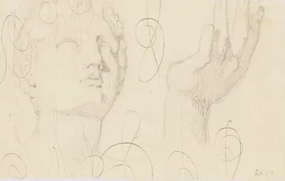 Studie af en hånd t.v. og studie af et figurhoved t.h. Illustration til Kaalunds "Fabler for Børn". Se kommentar fra arkkatalog.