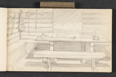 Studie af interiør med bord og bænk, Bjørnstad Norge