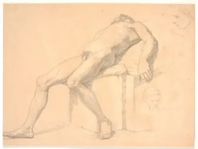 Studie af mandlig, nøgen, tilbagelænet model. T.h. to portræthoveder, den ene muligvis Constantin Hansen