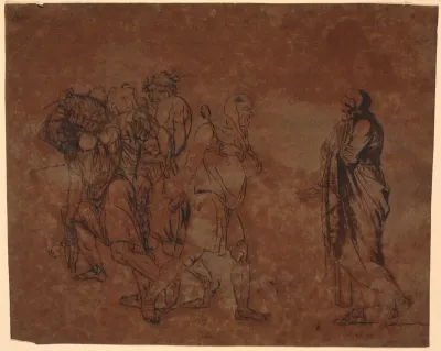 Studie af Simo, Sosie og slaverne, i billedet med disse figurer. [Simo betror sig til Sosia]