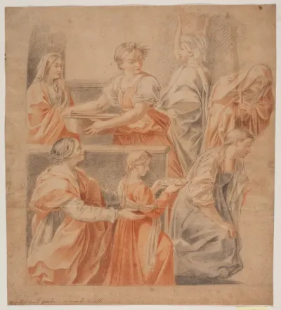Studie efter Guido Renis freske i Cappella dell' Annunciazione, Palazzo Quirinale, Rom. (Marias fødsel, venstre side)