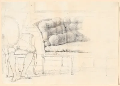 Studie til det Holmskioldske familiebillede fra 1787: den polstrede sofa, og til venstre en stol med Holmskiolds figur skitseret