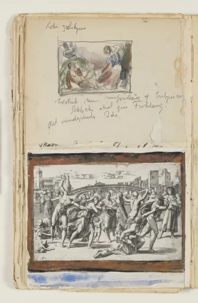 Studie til eller efter kunstnerens maleri "Loke" og "Sigyn". Desuden indklæbet foto af "Barnemordet i Bethlehem", stik af M.A. Raimondi efter Raphael