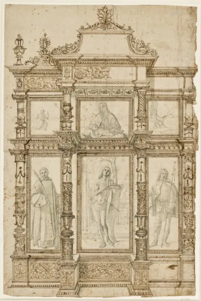 Studie til en altertavle med seks billeder i en ornamenteret ramme. F.o.: Sankt Frans' stigmatisering, Jomfru Maria med Jesusbarnet og Johanns Døberen i ørkenen. F.n.: Helgenerne Laurentius, Sebastian og Rochus