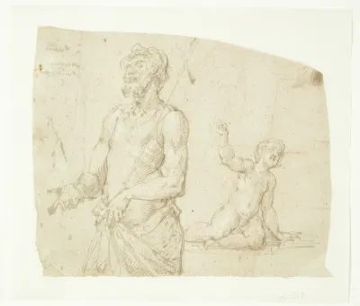 Studie til en mand med korsstav over skulderen i halv figur (Johannes Døberen?) og til en knælende dreng
