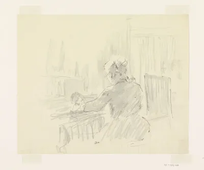 Studie van de echtgenote van Carel Adolph Lion Cachet, handwerkend, op de rug gezien