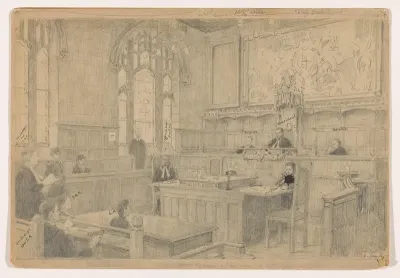 Studie van de gehele compositie voor het (onvoltooide) schilderij van de Nederlandse rechtbank in London, juni 1942