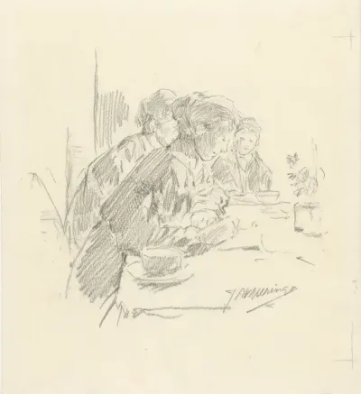 Studie van drie meisjes, zittend aan een tafel