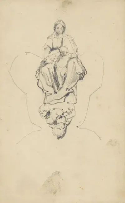 Studie van een gebeeldhouwde Madonna met kind op wolken