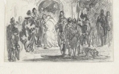 Studie van een groep mensen en soldaten