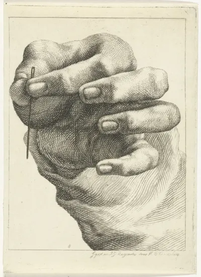 Studie van een hand met een naald tussen duim en wijsvinger