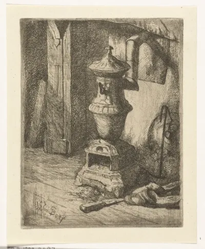 Studie van een interieur met kachel