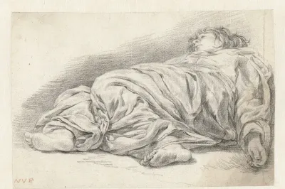 Studie van een liggende jongen met een wijde mantel