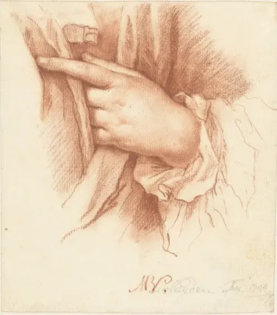 Studie van een linkerhand in draperie